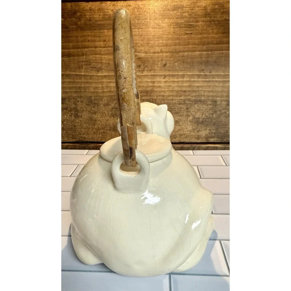 Vintage Cat Ceramic Teapot w/ Bamboo Handle Signed‎ Fumi — Crazing, Chip on Lid